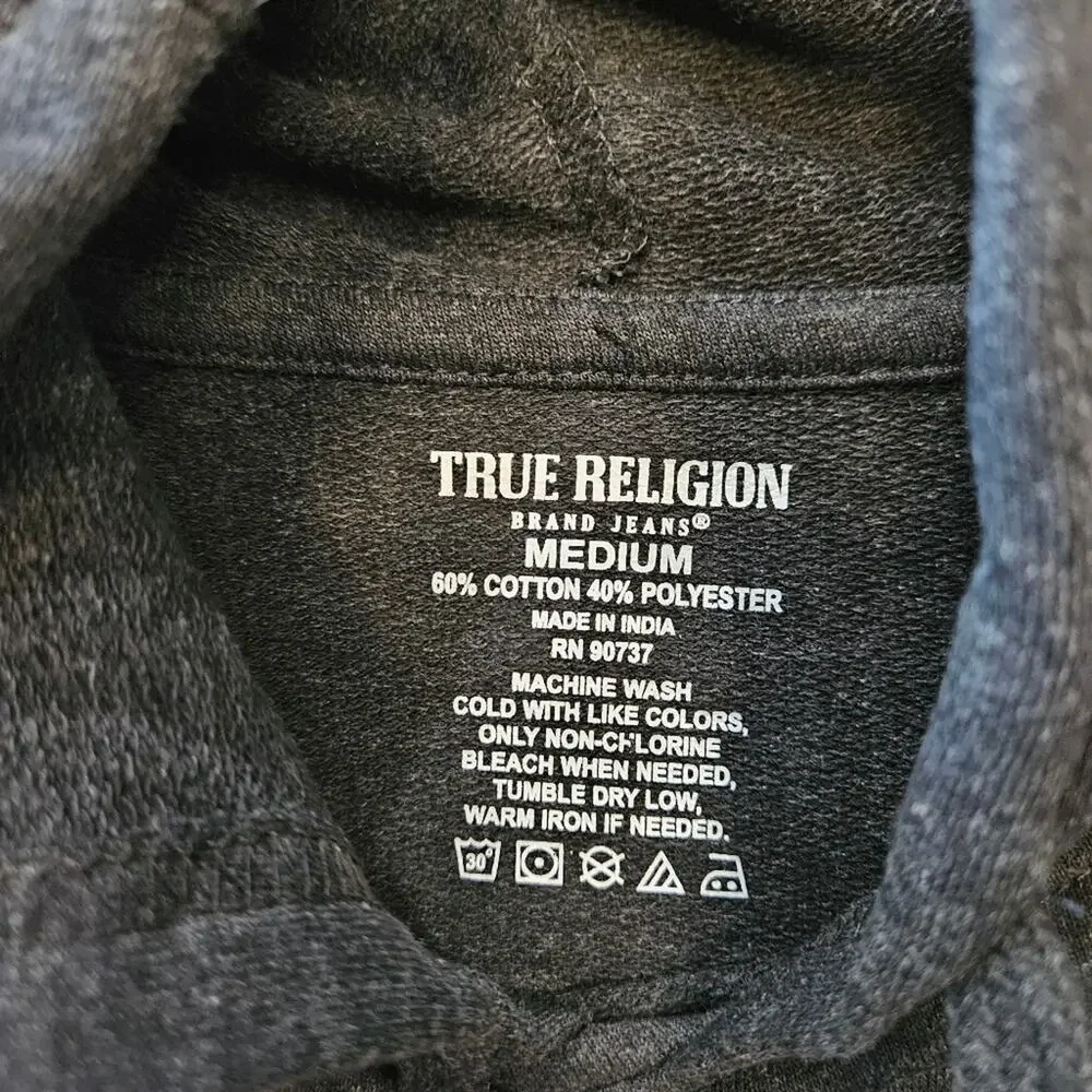 True Religion Hoodie Slanted Repeat Pullover Charcoal Lightweight Medium